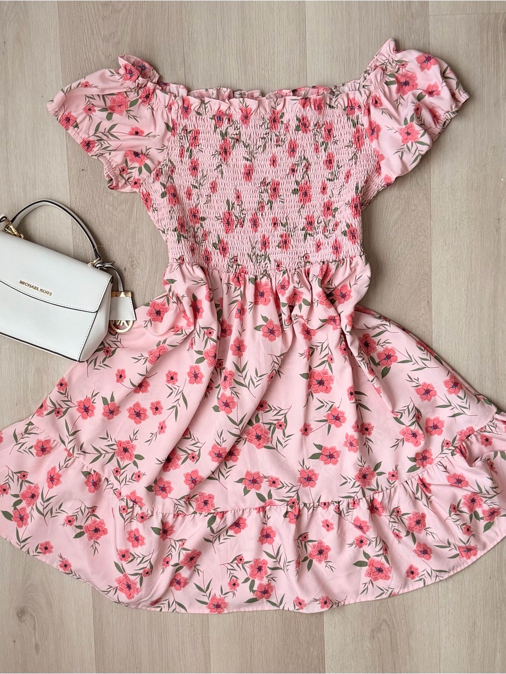 SHEIN Pink Floral Smocked Midi with Ruffle Hem